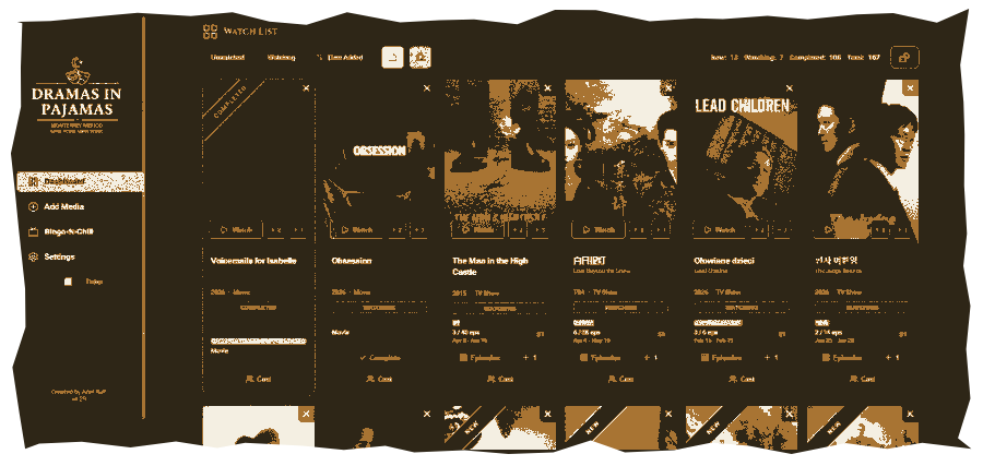 Dramas in Pajamas watch-list app, screenprint treatment