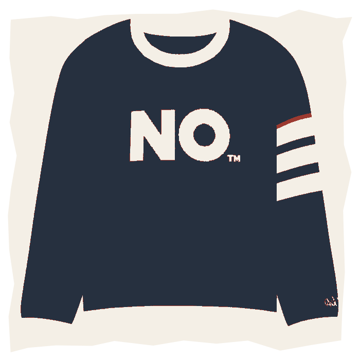 NO™ knitted crew neck sweater — front, screenprint treatment